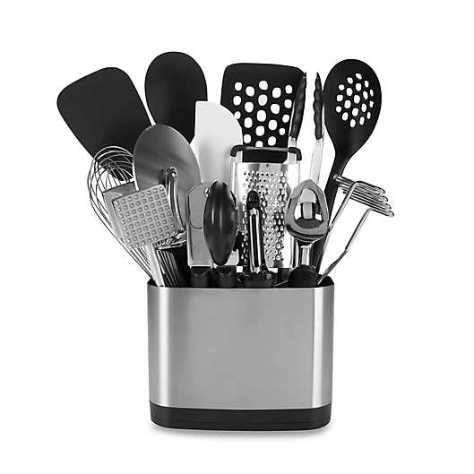 black nylon and stainless-steel kitchen utensil set