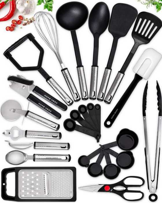 black and metal kitchen utensils set